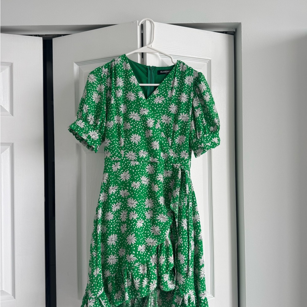 Green Floral Wrap Mini Dress with Puff Sleeves